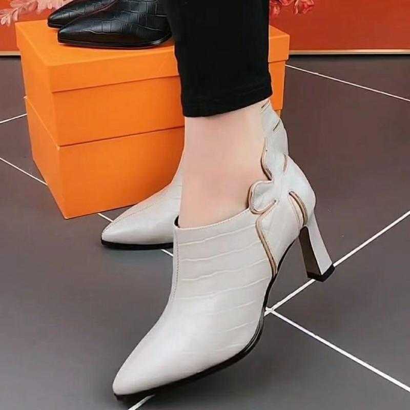 Side Zip Block Heel High Heels Women's Autumn Fashion Pointed Toe Printed Non-Slip Wear-Resistant Single Shoes