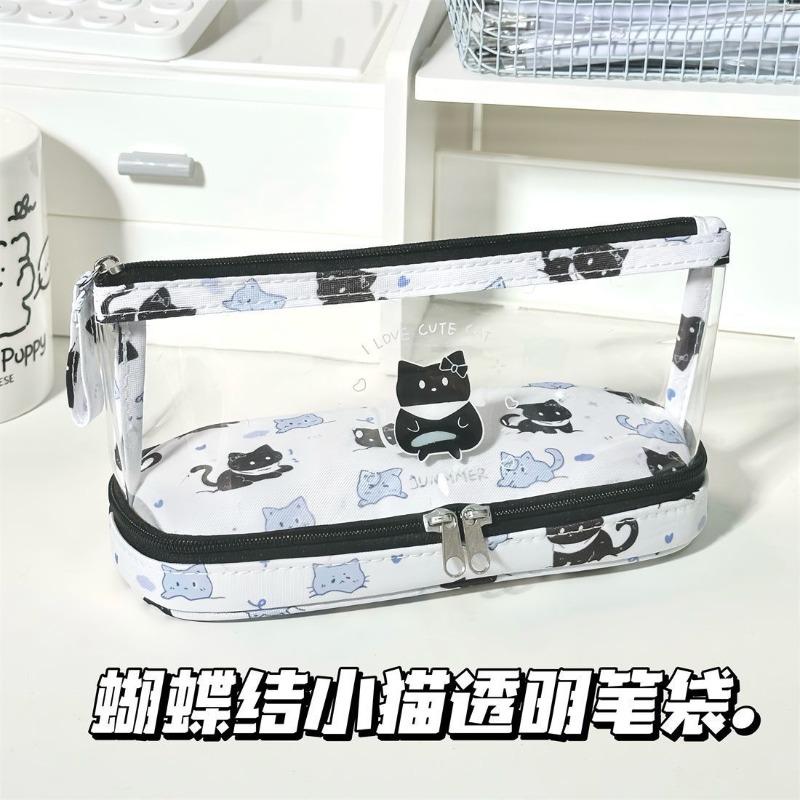Cute Cartoon Transparent Pen Bag Cat/Capybara Double-layer Pencil Case Portable Multifunctional Student Stationery Storage Bag