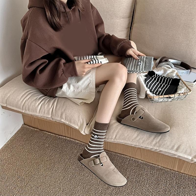 Striped Cotton Crew Socks with Cute Panda Embroidery for Women and Teens Korean Preppy Student Middle Tube Socks Hosiery