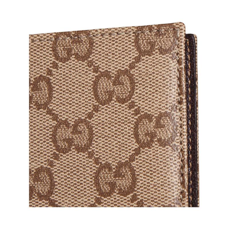 Gucci Gold Foil Stamped Logo Inside GG Coated Canvas Passport Bag for Women Sand and Dark Brown