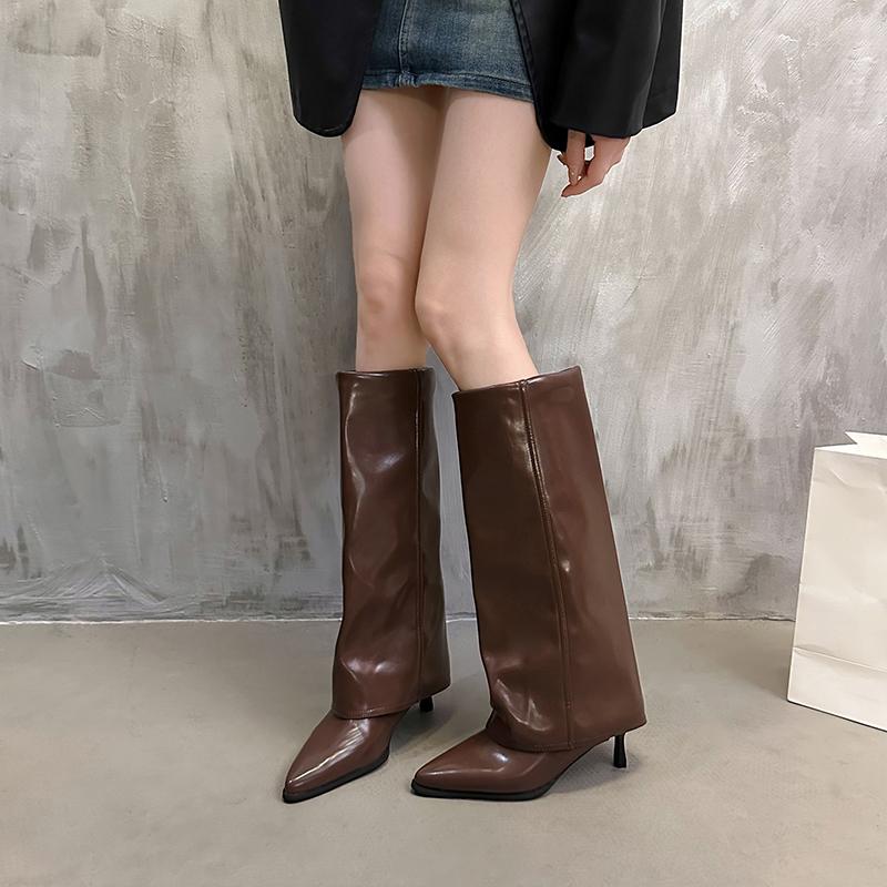 Designer Women Chunky Knee-High Boots Pointed Toe Sexy Solid Color Autumn Winter New Retro Fad Women's Boots Size 35-42