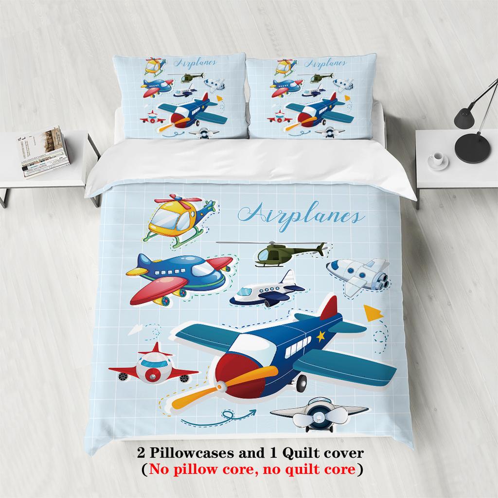3-teiliger Cartoon-Flugzeugmusterdruck (1 Bettbezug+2 Kissenbezüge, ohne Füllung) weiches und bequemes Bettwäsche-Set