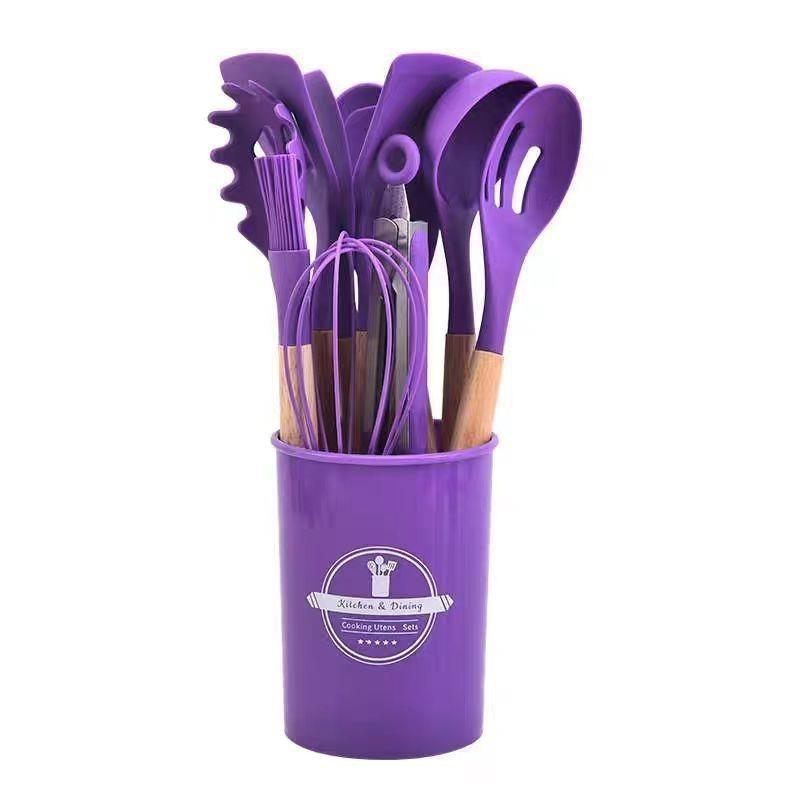 12-Piece Silicone Kitchenware Set: Non-Stick Cooking Tools with Wooden Handles In Barrel Packaging