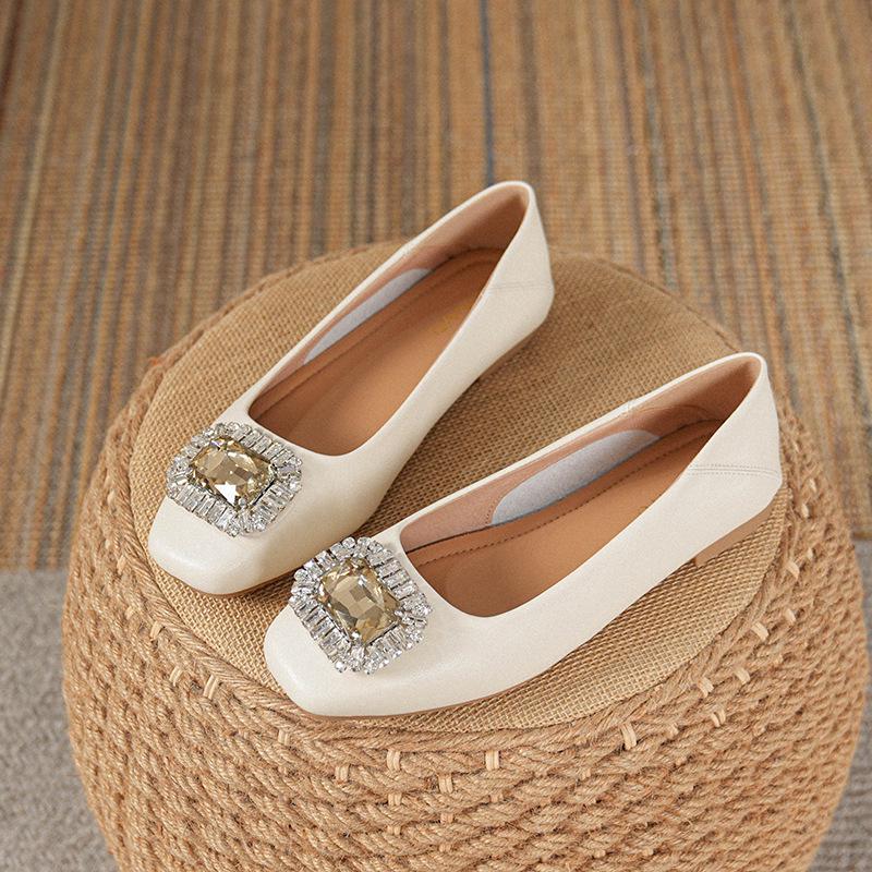 Women's Genuine Leather Slip-On Flats, Nude, Square Toe, Soft Sole, Plus Size, 2025 Edition