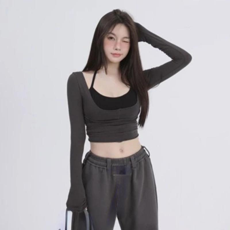 Two Pieces Set Y2k Aesthetic Harajuku T-shirts Halter Long Sleeve Tee Shirts Femme All Match Spaghetti Stap Patchwork Top Women