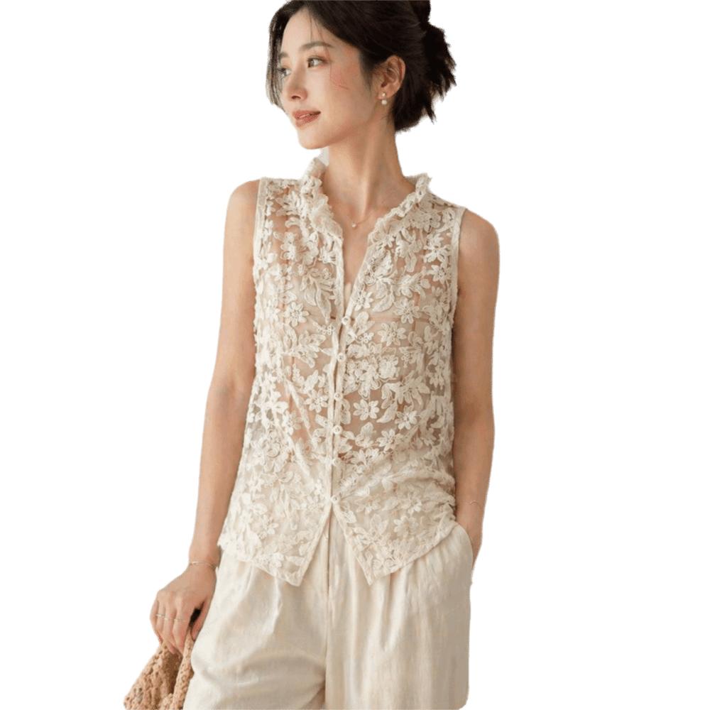 

Sleeveless Floral Mesh Shirt Button Front Lace Tank Top Lace Embroidery Tops Outdoor Activities L