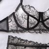 Women's Sexy French Thin Lingerie Set Floral Embroidery Sheer Mesh Push-Up Underwire Shapewear Lingerie Set
