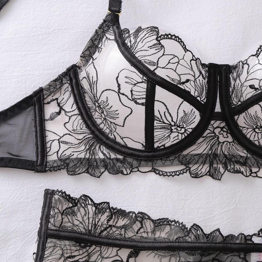 Women's Sexy French Thin Lingerie Set Floral Embroidery Sheer Mesh Push-Up Underwire Shapewear Lingerie Set