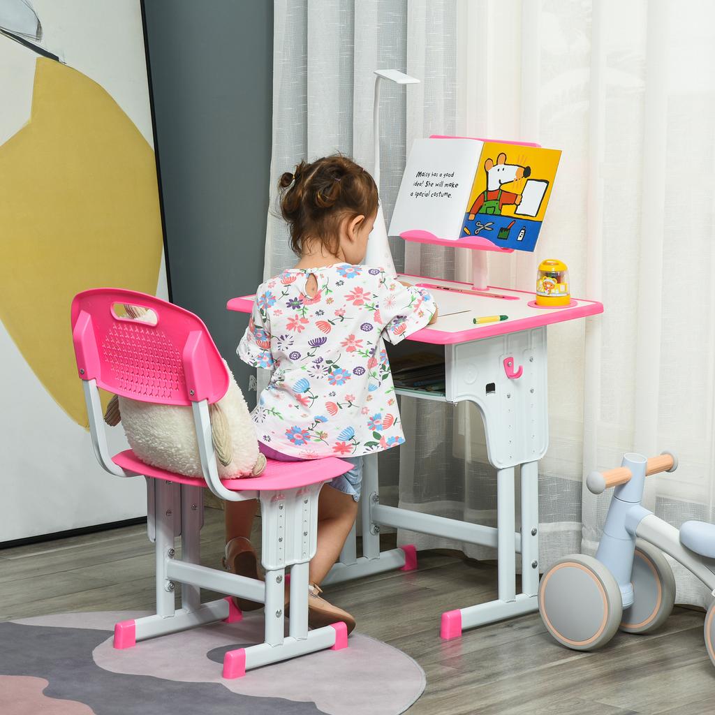 Kids Desk And Chair Set Adjustable Height Study Table Set With Drawer Book Stand Pen Slot Pink