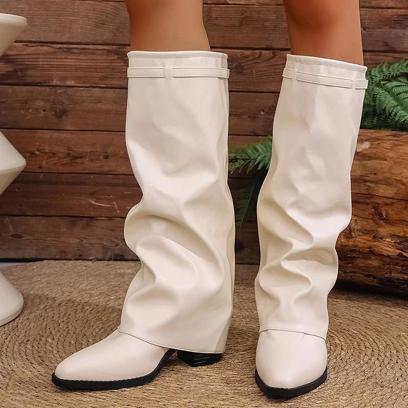 Fashion High Heel Knee High Boots Women Punk Pointed Toe Bike Long Boots Woman Autumn Winter Pu Leather Botas Mujer 36-43