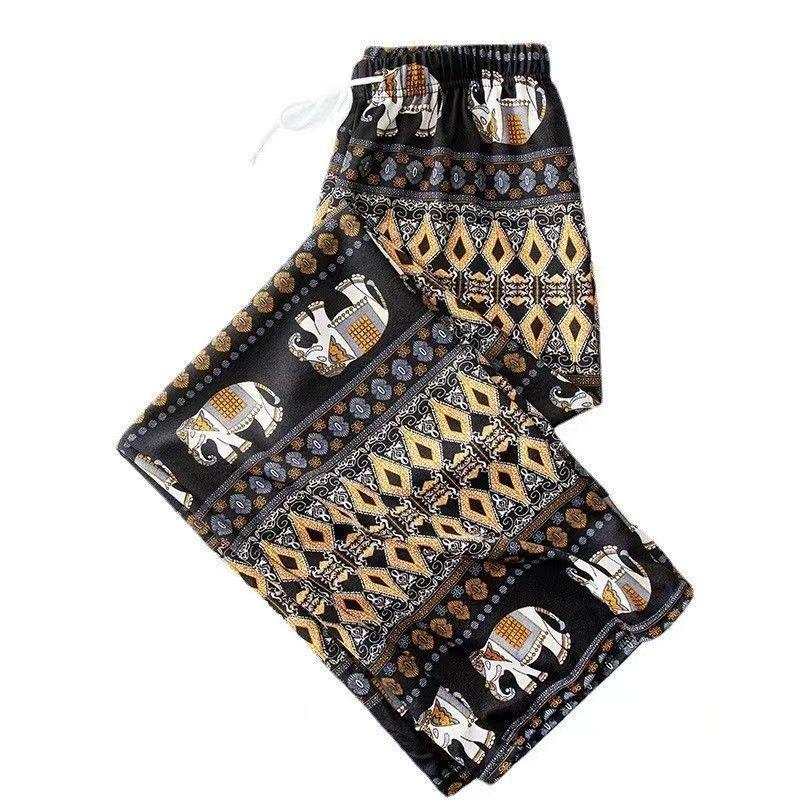 Women's Summer Bohemian Elephant Print Ice Silk Wide-Leg Yoga Pants
