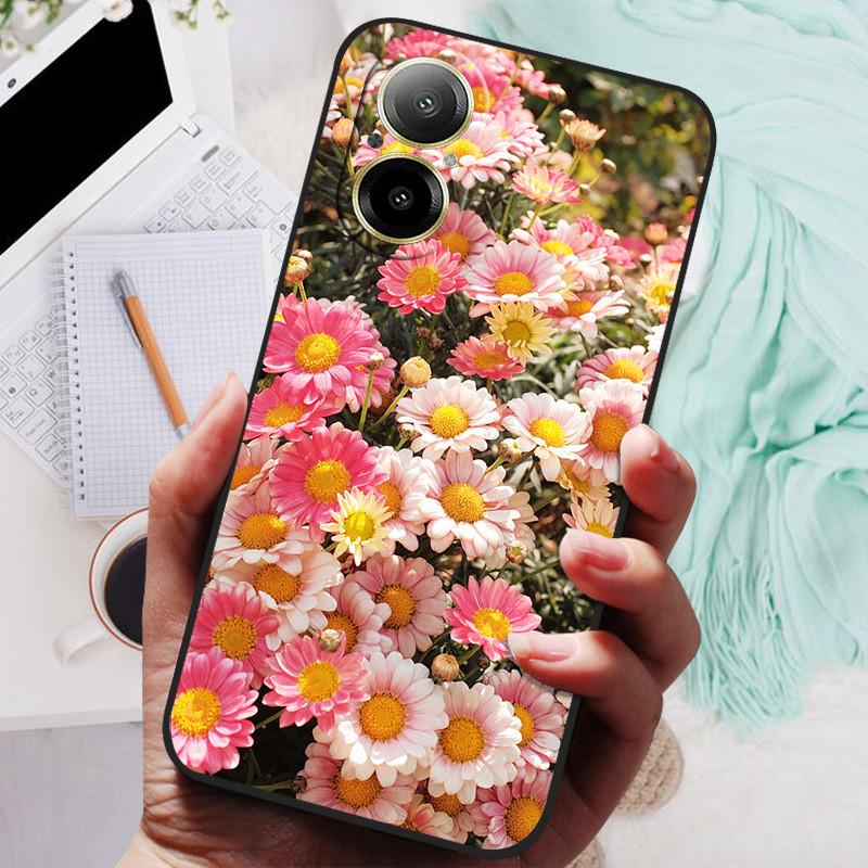 Für Realme C67 4G Hülle RMX3890 Beliebte Blumengemalte Abdeckung Silikon Handyhülle Für Realme C67 C 67 RealmeC67 4G Weiche Taschen Schwarz