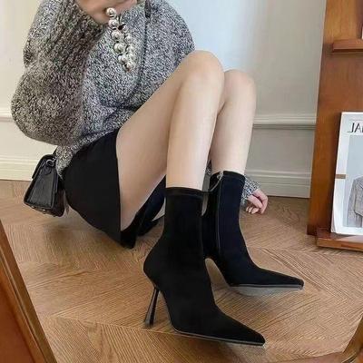 High Heel Thin Elastic Short Boots Women's 2025 Autumn and Winter New Socks Boots Pointed Thin Heel Beige Internet Celebrity Thin Boots