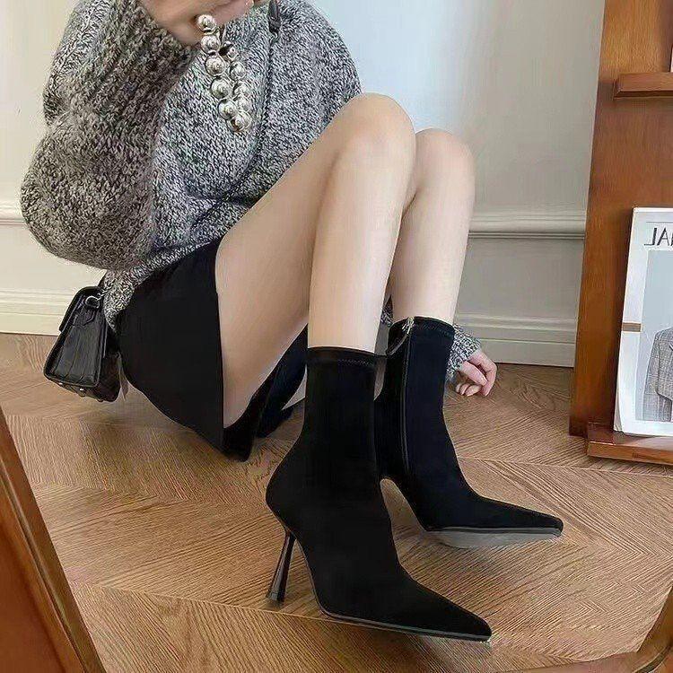 2025 autumn and winter new socks boots pointed thin heel beige Internet celebrity thin boots high heel thin elastic short boots women