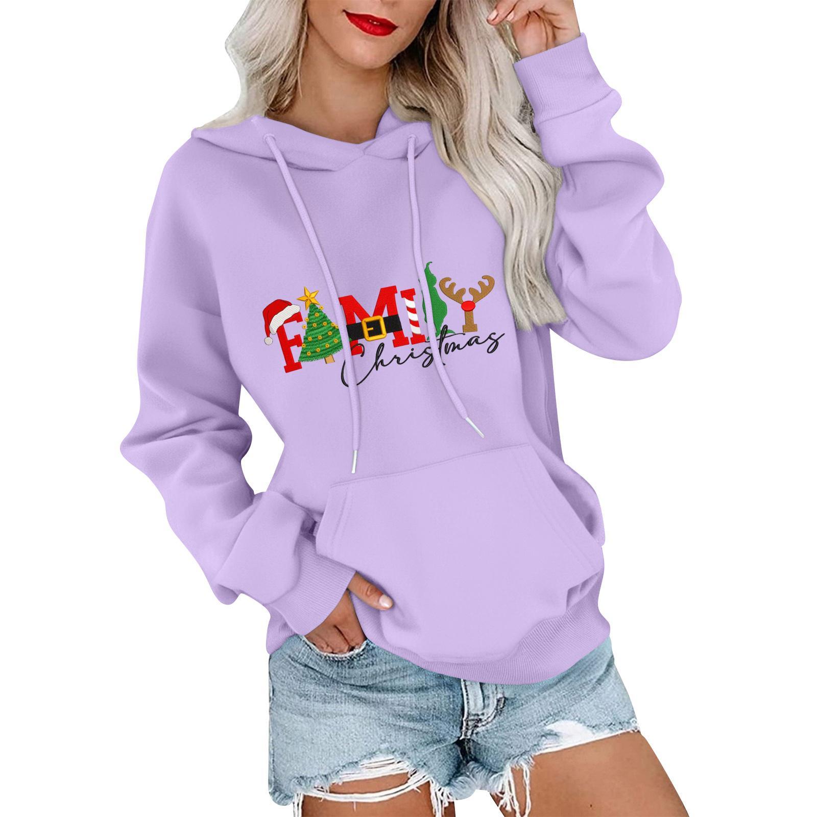 

Женский повседневный удобный свитшот с капюшоном, длинным рукавом и рождественским принтом XXXL фиолетовый
