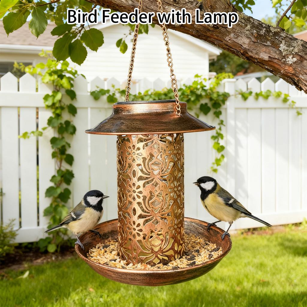 Solar Powered Bird Feeder With Lights, Antique Copper Decorative Cutout Hanging Bird Feeder For Outdoor Garden Yard