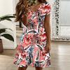 Plus Size Ladies V Neck Short Sleeve Dress Tropical Leaf Printed Flowy Dress For Beach Vacation And Everyday Use