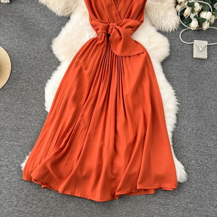 Sommer Neues Französisches Chic Maxikleid Damen V-Ausschnitt Ärmellos Schnürung A-Linie Falten Damenkleider Damen