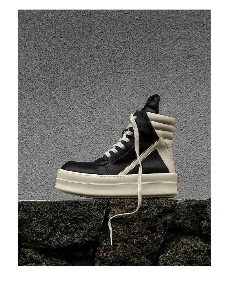 2024 Genuine Leather European & American Trendy Men's High-Top Black & White Thick-Soled Short Boots with Inverted Triangle Design