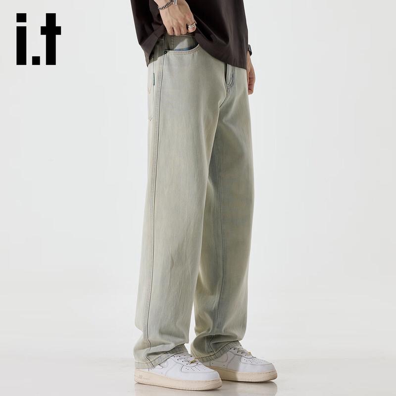 izzue it Men's Loose Straight-Leg Light Wash Jeans