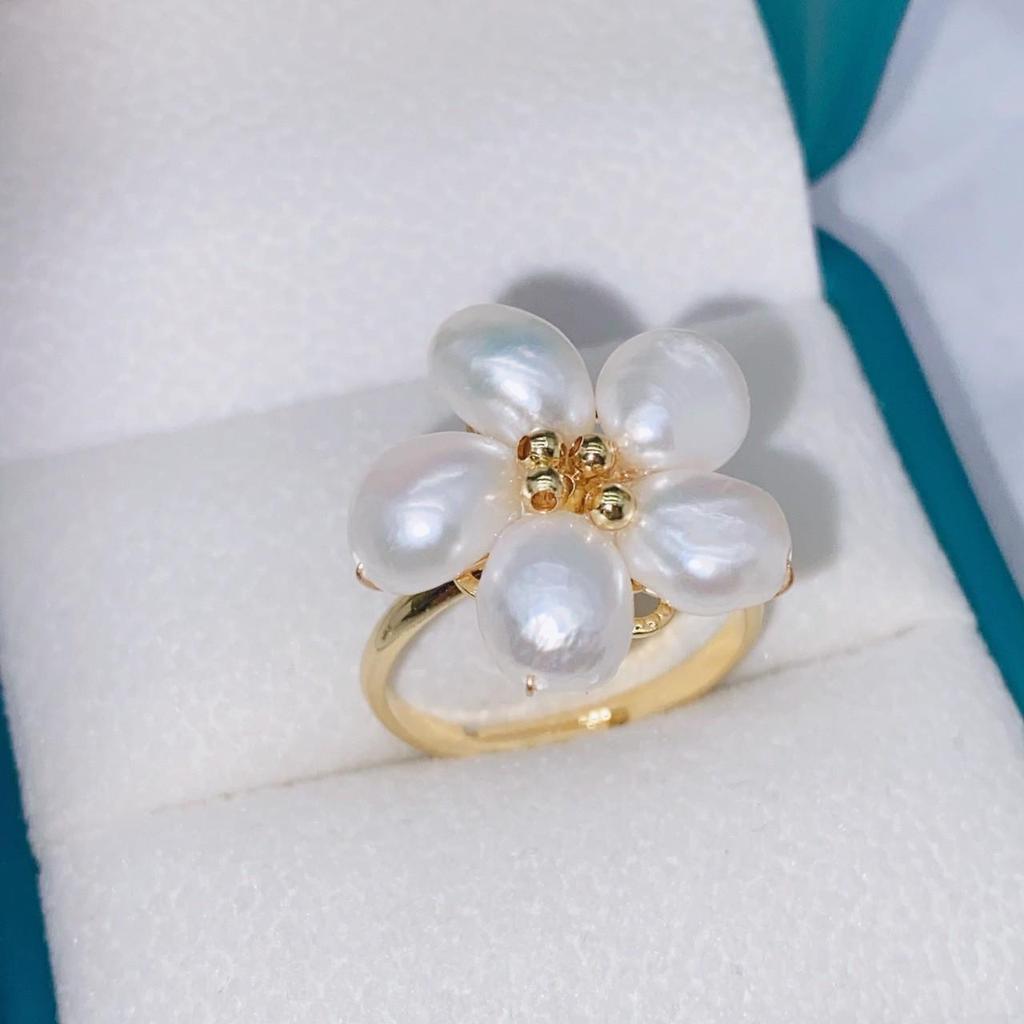 Elegant Handmade Woven Pearl Five-Petal Flower Ring
