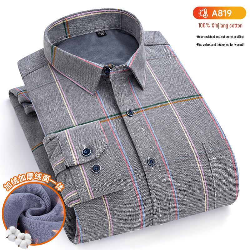 New Plus Size Velvet-Lined Men's Pure Cotton Plaid Shirt - Warm, Thickened for Autumn/Winter Cold Protection