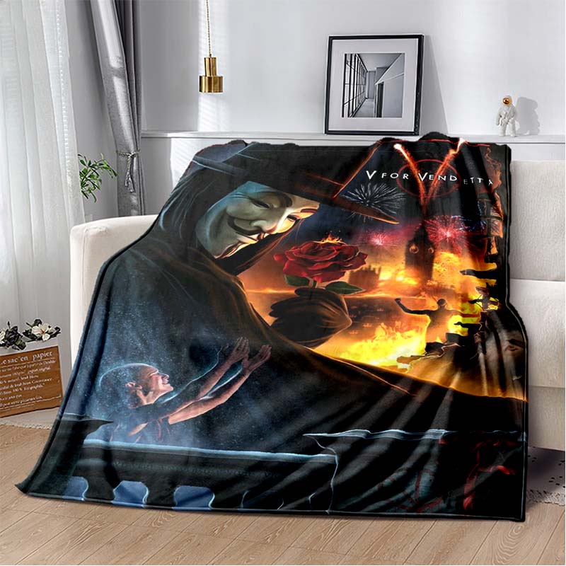 V For Vendetta Mask Red Rose Bloody V Print Soft Flannel Throw Blanket Warm Sofa Couch Bed Home Decor Cover For Comic Fans