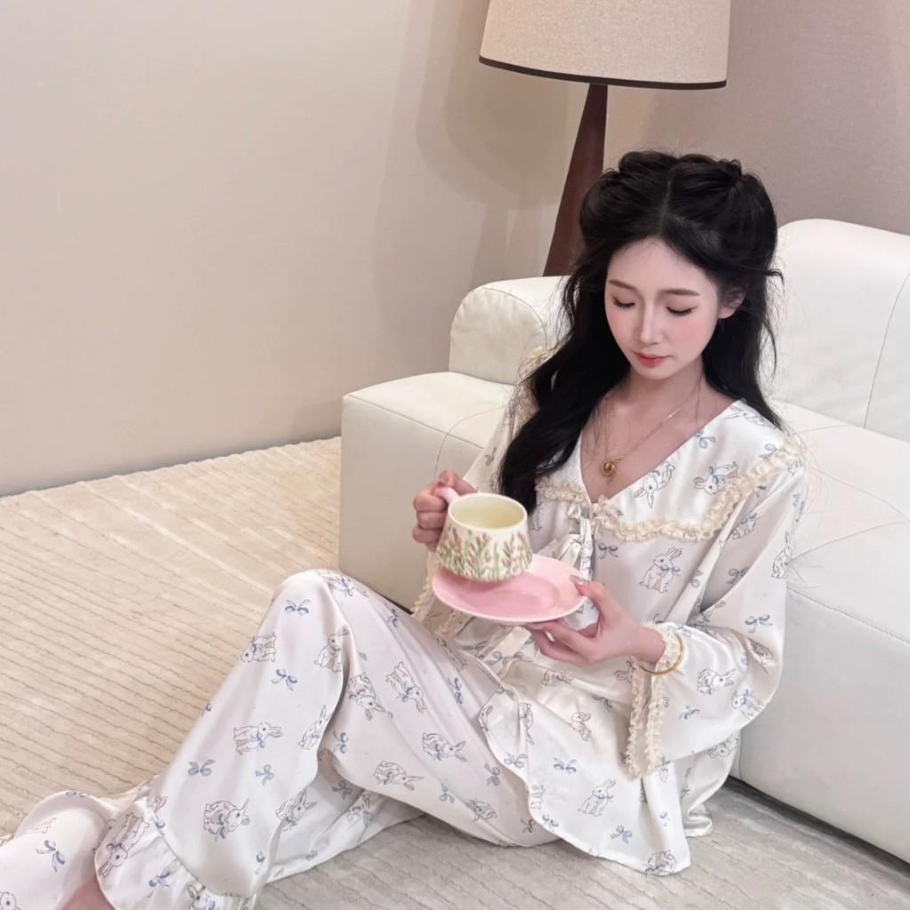 Ice Snow Silk Bunny Collar Pajamas Set With Lace Trim For Girls Home Wear