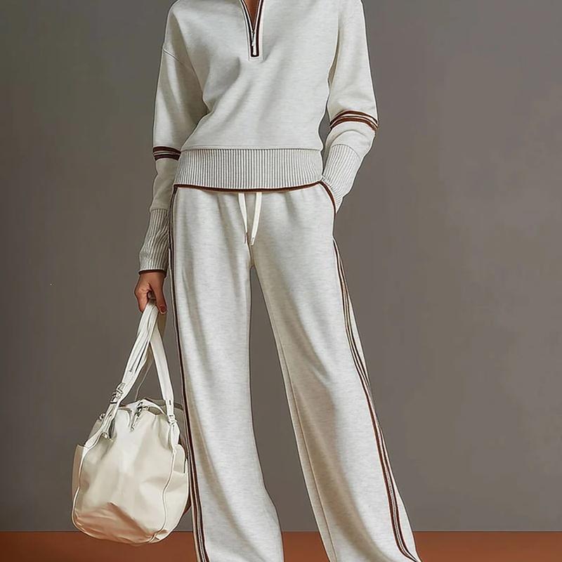 Women Two Piece Tracksuit Set Half Zip Stand Collar Sweatshirt Drawstring Wide Leg Pants Contrast Stripe Casual Sportswear