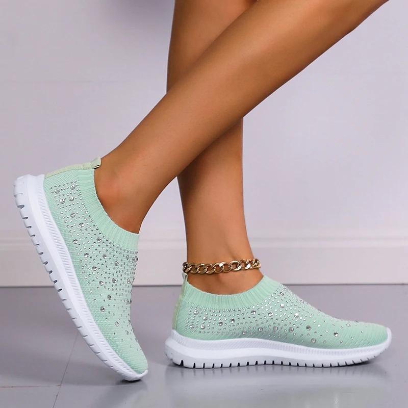 Fashion Women's Slip-On Crystal Sneakers 2025 Breathable Mesh Plus Size 35-43 Casual Flats Women Comfort Soft Sole Running Walking Shoes