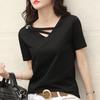 Moda Verão Feminina Camiseta Gola V Solta Cor Sólida Top Camiseta Casual