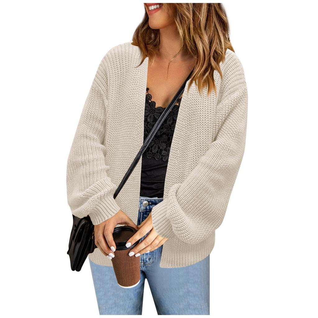Women's Fashionable Loose Fitting Solid Color Medium Length Knitted Sweater Cardigan Jacket