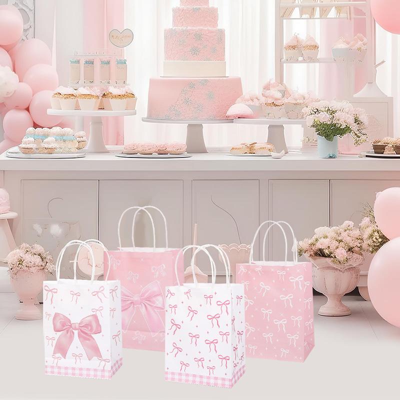 5/10/20Pcs Pink Bow Gift Bags Paper Candy Snack Treat Bag Kids Girls Birthday Party Supplies Baby Shower Decoration Gift Packing
