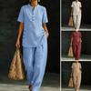 Women's 2 Piece Linen Sets, Short Sleeve Button Up Top And Wide Leg Pants Matching Outfits, Summer Casual Lounge Sets with Pockets