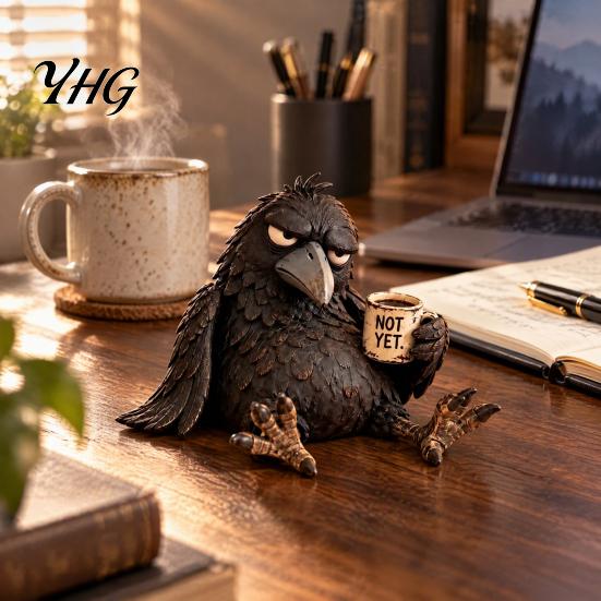 Funny Coffee Cup Raven Figurine with Mug, Resin Crow Statue, Realistic Animal Sophisticated Desk Accessory Ornament for Home Decor, Creative