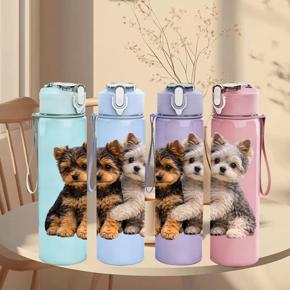 1PC Two Puppy Companion Print 750ml Color Plastic Sports Water Bottle Leakproof Flip Straw Lid Suitable for Sports Office Home Use