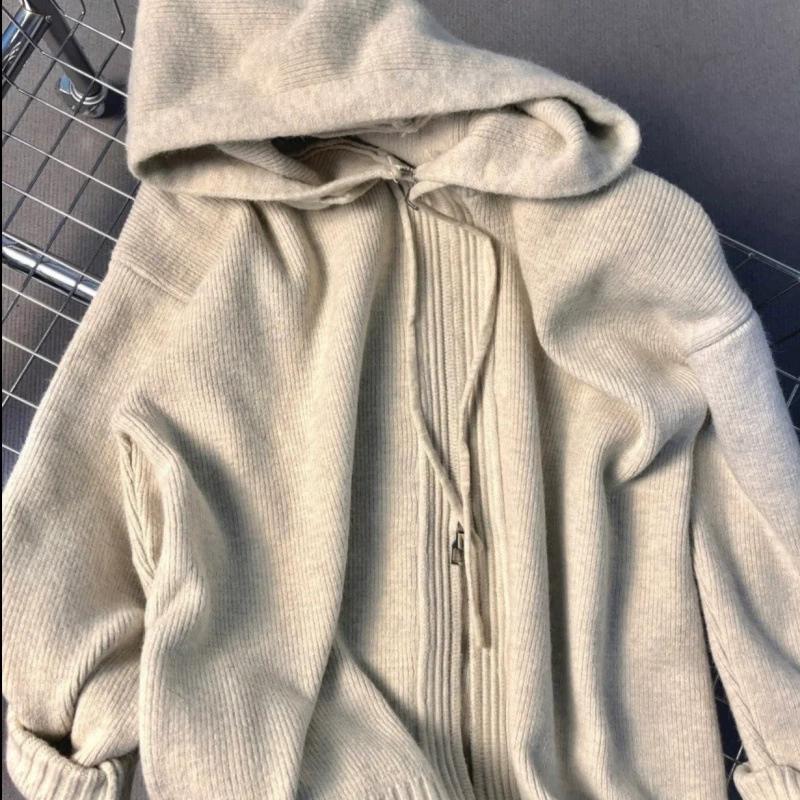 

Куртка-свитер с капюшоном для женщин, свободного кроя для весны, осени, зимы, в повседневном стиле, толстой вязки, на двойной молнии, толстовка, кардиган XXL абрикосовый