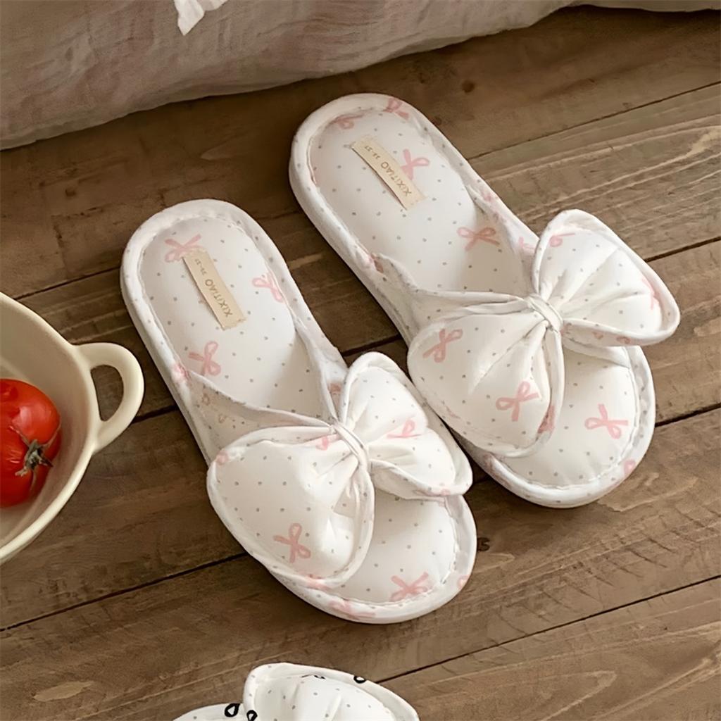Ladies, Bows, Linen Slippers, Indoor Slippers, Casual Slippers, Comfortable, Cotton and Linen, Floor Shoes