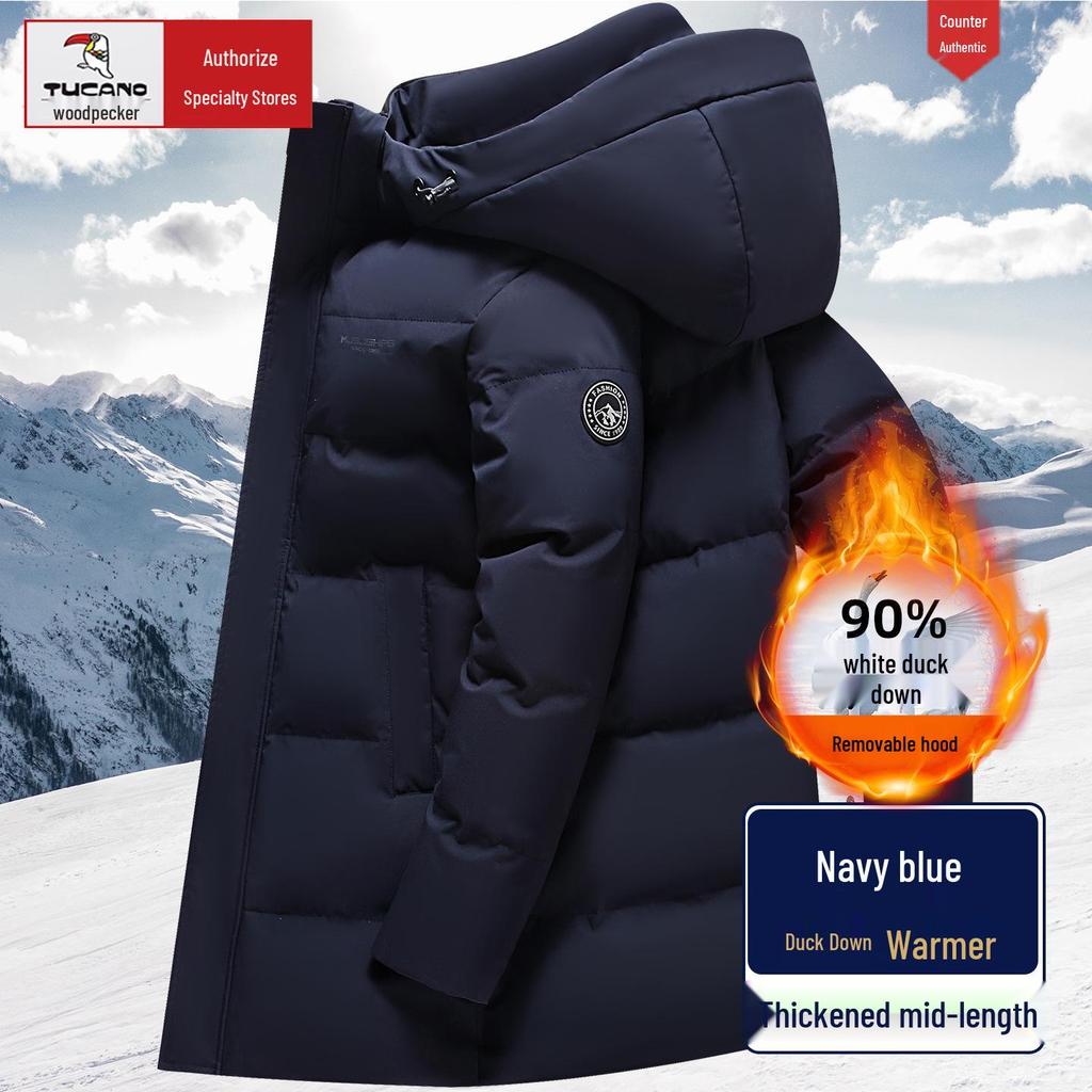 Męska zimowa kurtka puchowa Woodpecker o średniej długości - Pogrubiona, ciepła odzież wierzchnia dla osób w średnim wieku i starszych