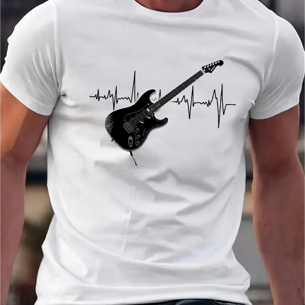 T-shirt da Uomo in Cotone con Grafica Cuore Battito Musicale Traspirante Micro-Elasticizzata Design Band Rock con Suono di Chitarra Abbigliamento