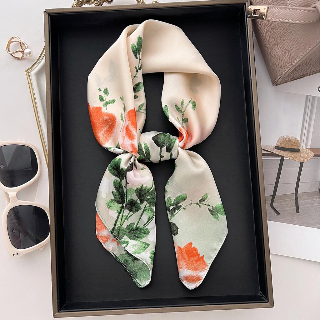 Summer Literary Flowers Chinese Style Small Square Scarf Going Out Windproof Age-Reducing Headscarf Decorative Headband Fashion Silk Scarf