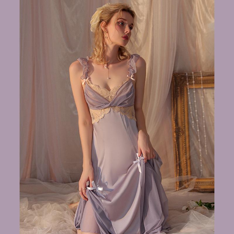 Fee Lila Französisch Sexy Pyjama Spitze Langes Kleid Hohes Gefühl Eis Seide Träger Nachthemd Reiner Prinzessinnen Stil