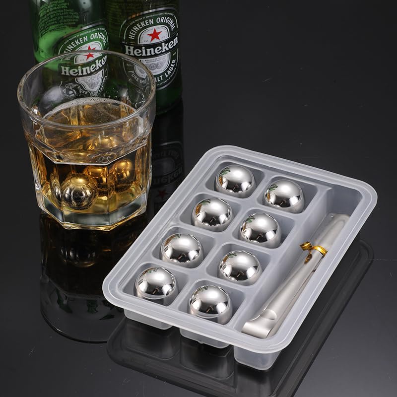 Ice Balls Whiskey Stones, 2.5cm Diameter, Storage Case, 2 Ice Tongs Included, Reusable Stainless Steel, Non-Melting Ice, 8 Pieces