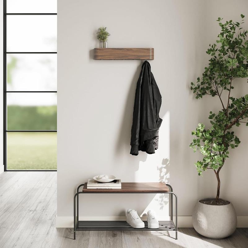 Wall Mounted Coat Rack, Modern Design Coat Rack with Hidden Wall Hooks - Solid Wood Veneer Panel Coat Hanger Walnut,1pc