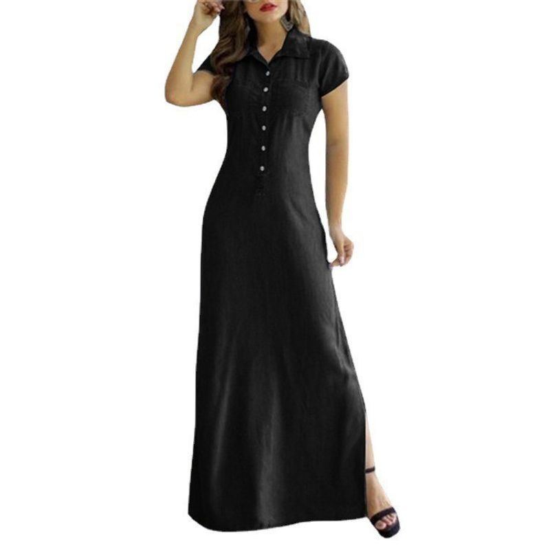 

and America Cross Border Export Summer Fashion Women s Denim Dress Temperament Long Dress Shirt Collar Large Swing Slim Fit Dress Look Tall and Thin Black 3XL (Bust size 114)