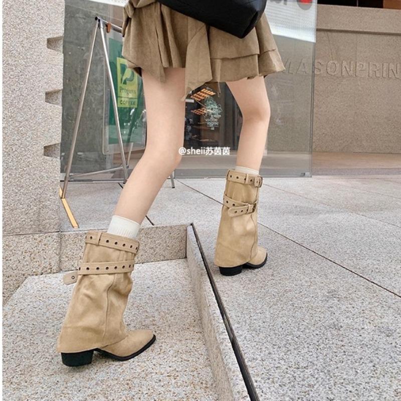 Danish pant boots~ pointed buckle cm thick heel desert cowboy stack short boots women's western boots