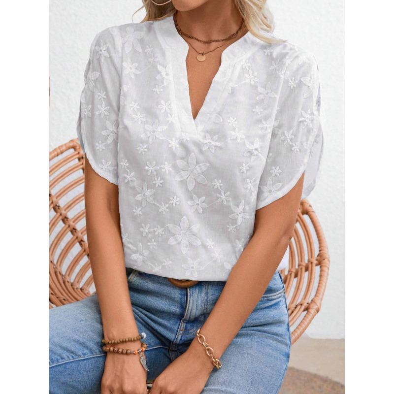 QICED Women's Fashion Casual Solid Color Print V-Neck Short Sleeve Blouses & Shirts