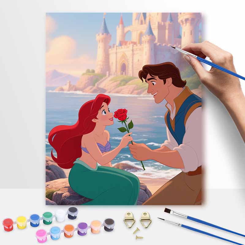 Disney digital oil painting art painting mermaid prince castle seaside romance handmade diy home decorations