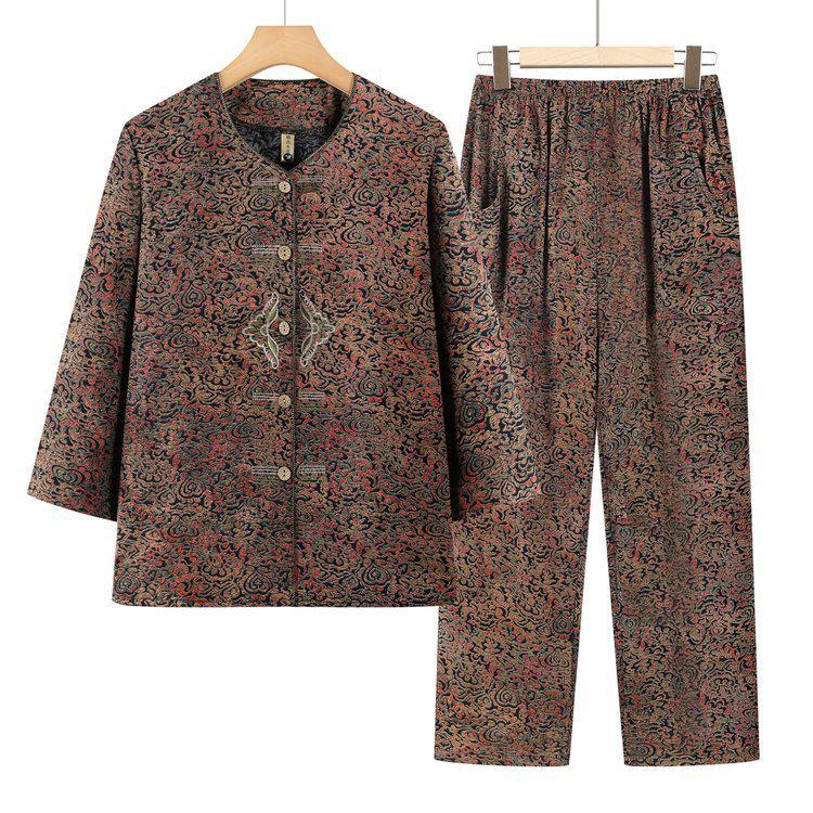 Spring & Autumn Plus Size Cotton Linen Retro Two-Piece Set for Middle-Aged Women: Long Sleeve Top & Pants