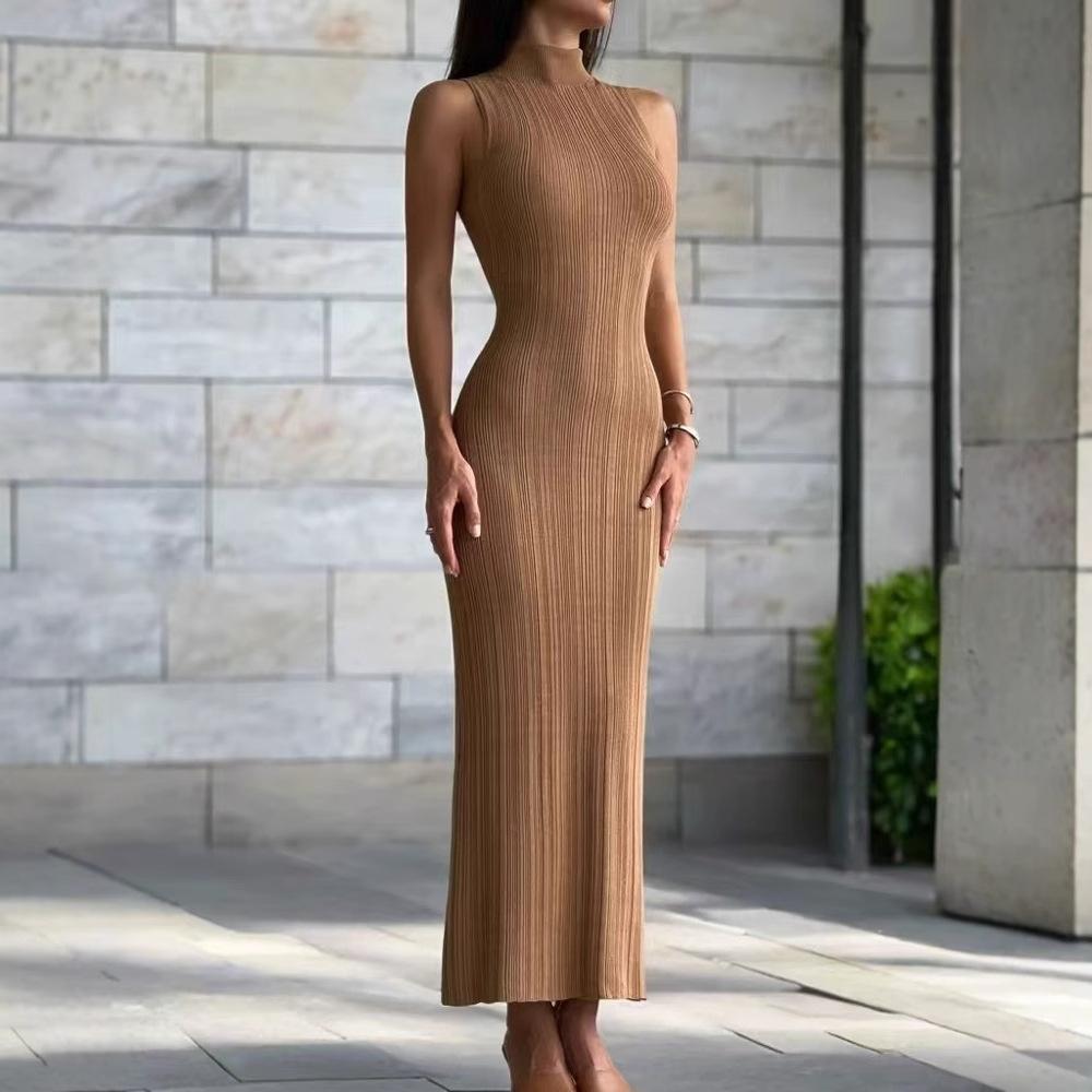 Sleeveless High Neck Slim Fit Long Dress In Light Brown, Available In Multiple Colors